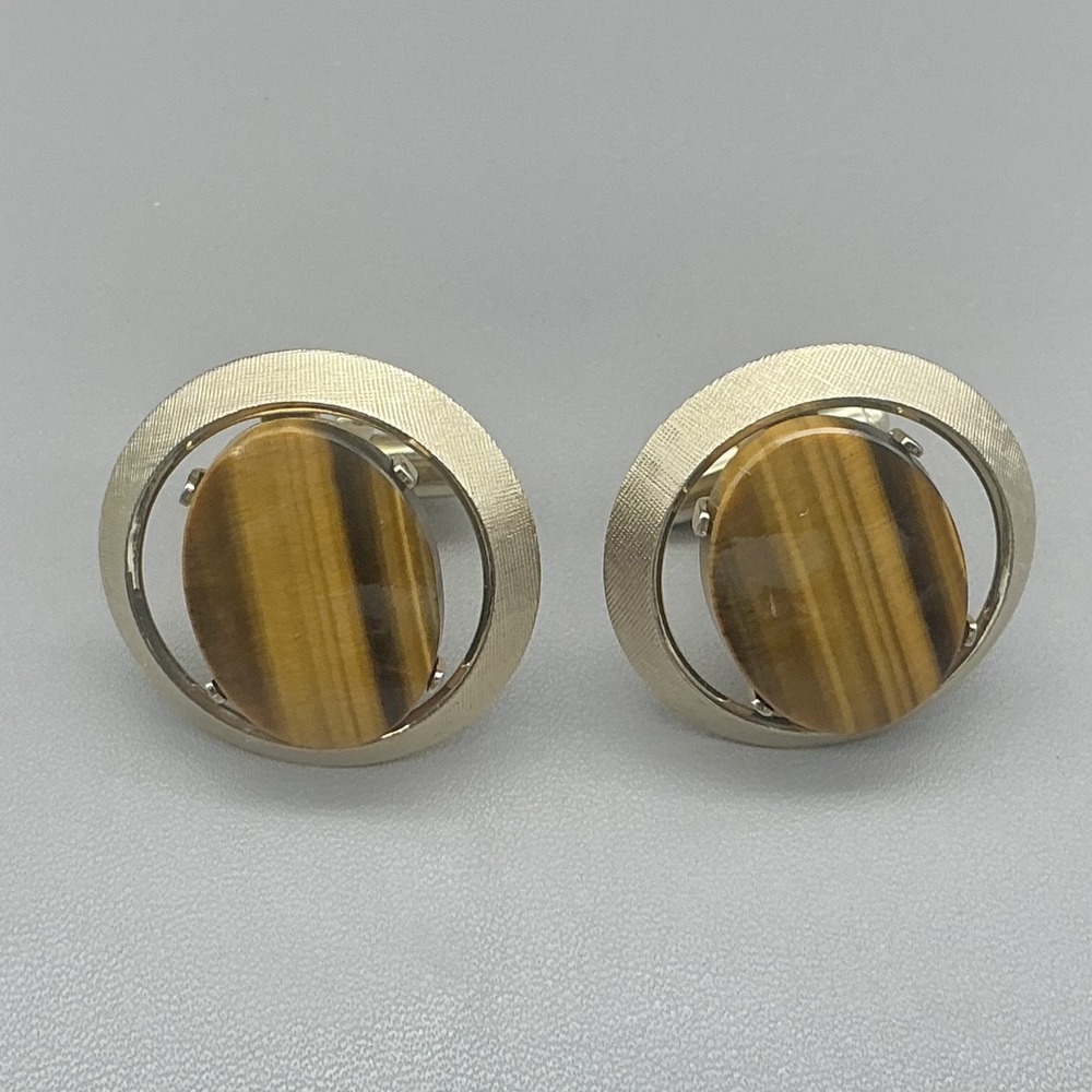 Dante Cufflinks Men's Gold Tone Round Tiger Eye Stone Vintage Formal Dress